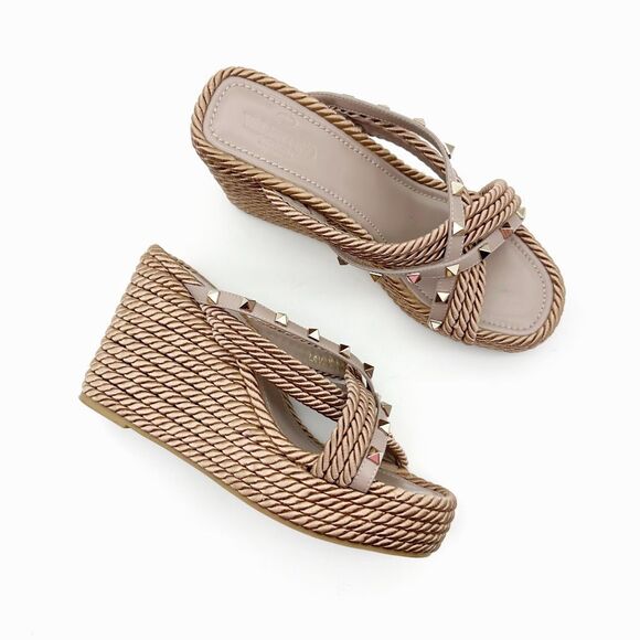 VALENTINO Torchon Beige Braided Silk Platform Rockstud Wedge Heel Size 39 Sandal - Picture 14 of 14
